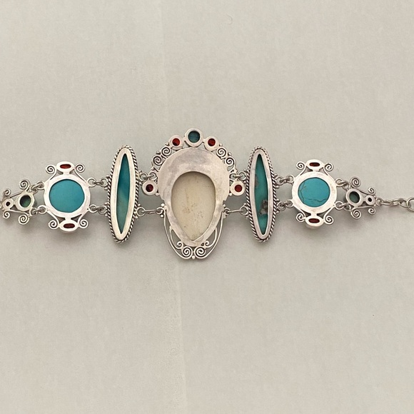 Sterling Silver Moon Goddess Carved Face Bracelet Garnet Turquoise!!!! - Picture 4 of 6